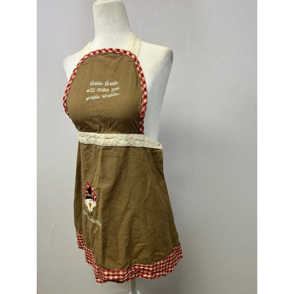Thanksgiving Farmhouse Cottagecore Womens OS Brown Gobble Gobble Turkey Apron